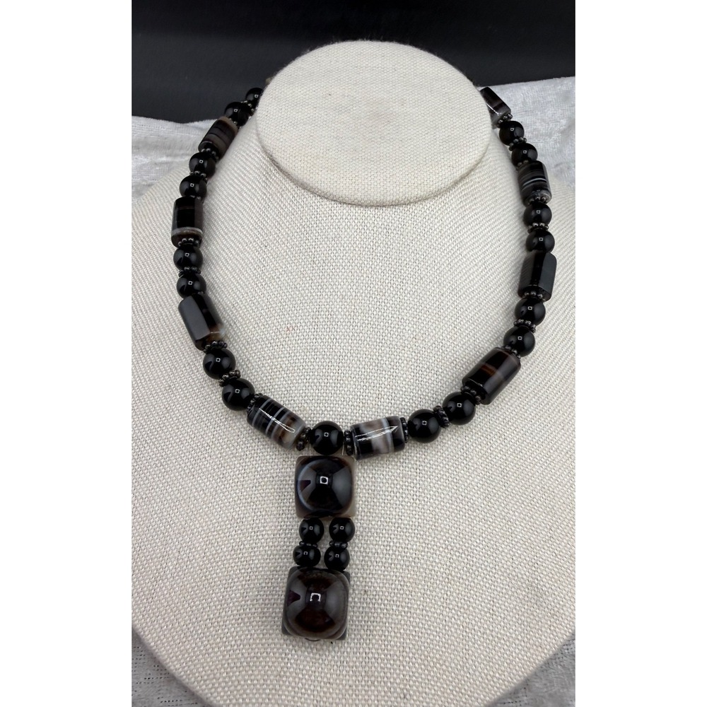 Vintage Estate Statement Necklace Black Polished Stone Toggle 14in